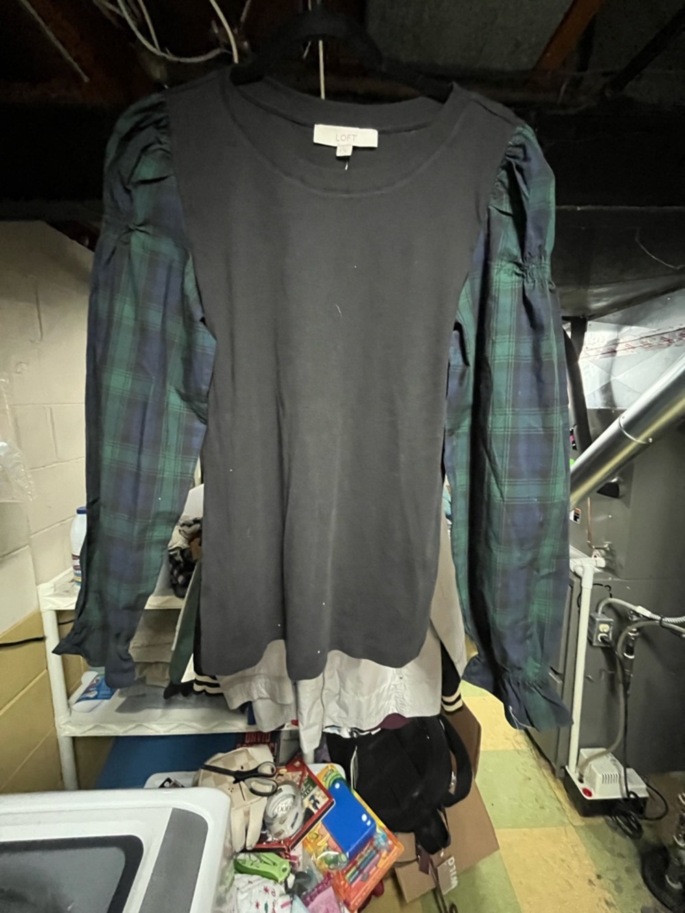 LOFT Black Top with Green and Navy Plaid Puff Sleeves NWT Size Medium